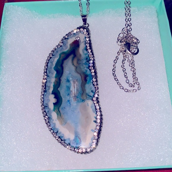 Natural Blue Agate cubic zirconia Sterling Silver 20”Necklace - Picture 5 of 6